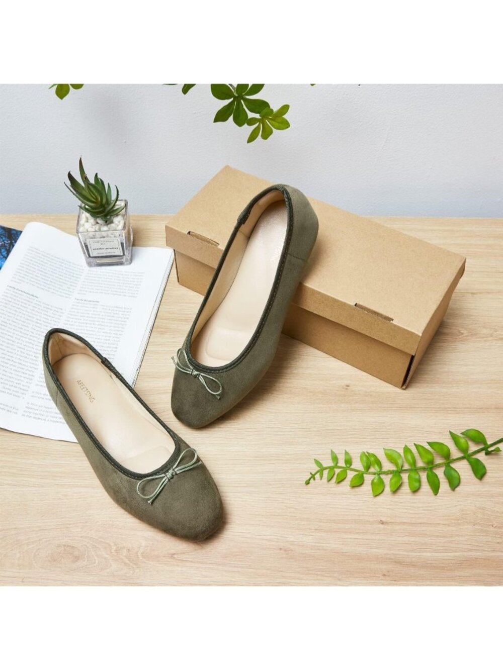 Women's A Olive Green Round Toe Ballet Flats Comfortable Bow Casual Dressy Shoes - Picture 2 of 7